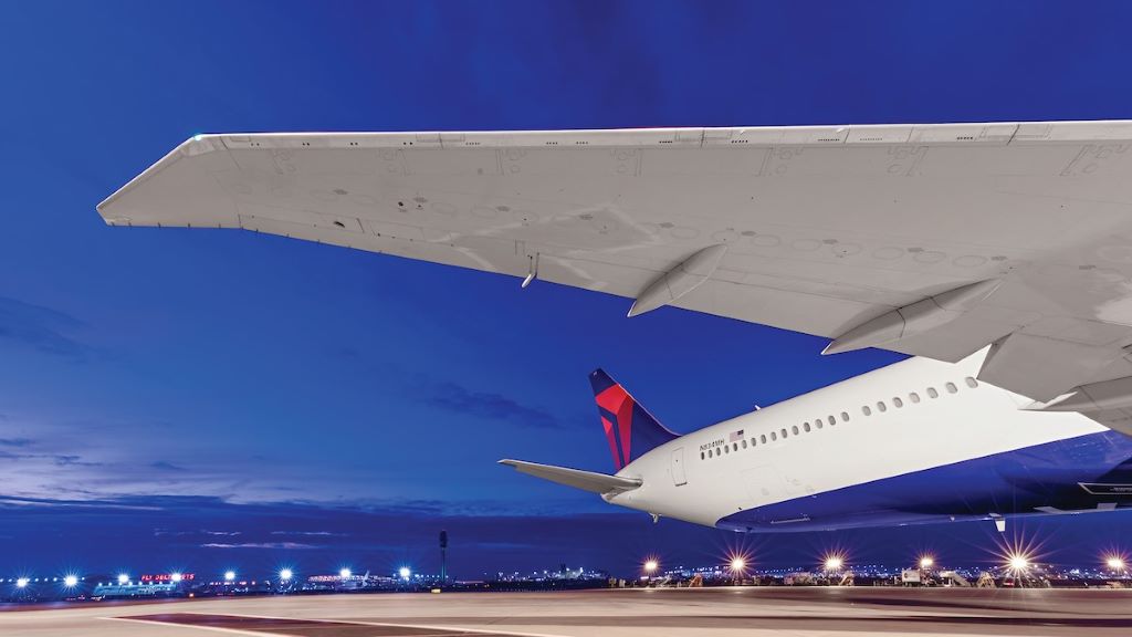 The tail and wing of a Boeing 767-400ER