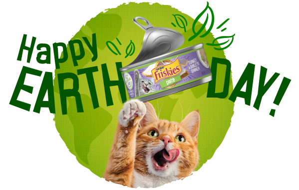 Headline reads Happy Earth Day with an orange cat licking her whiskers and reaching for a can of open food with illustrated leaves popping out.