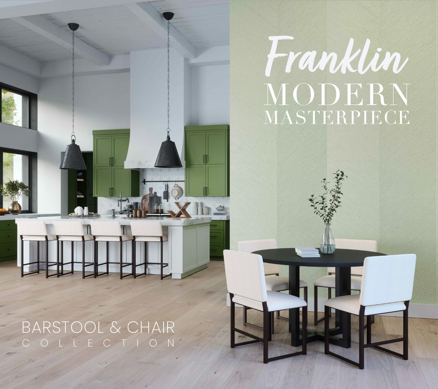 Franklin barstools & chairs shown in a modern fresh green and white kitchen. Both barstools and chairs are shown in Speckled Oat finish with French Ivory Performance fabric. The Ness table base is shown in Matte Black and the Wood top is shown as the 48