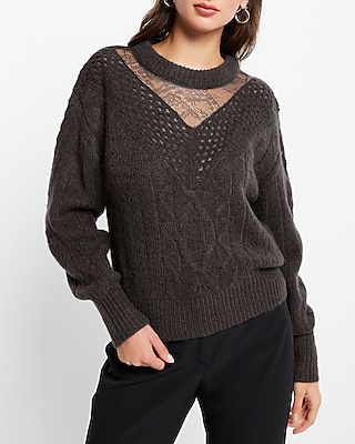 cable knit crew neck lace sweater