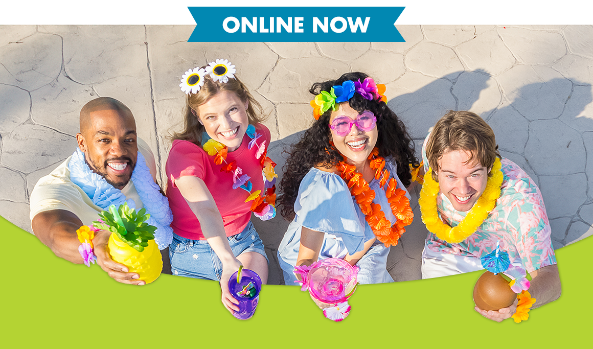 4 people wearing leis and flower accessories holding summer cups