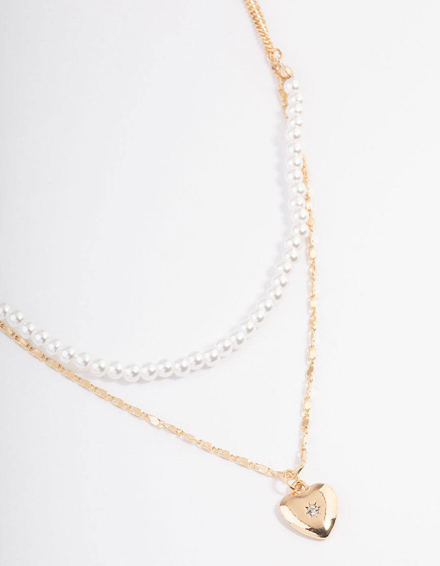 Image of Gold Pearl Strand & Heart Layered Necklace