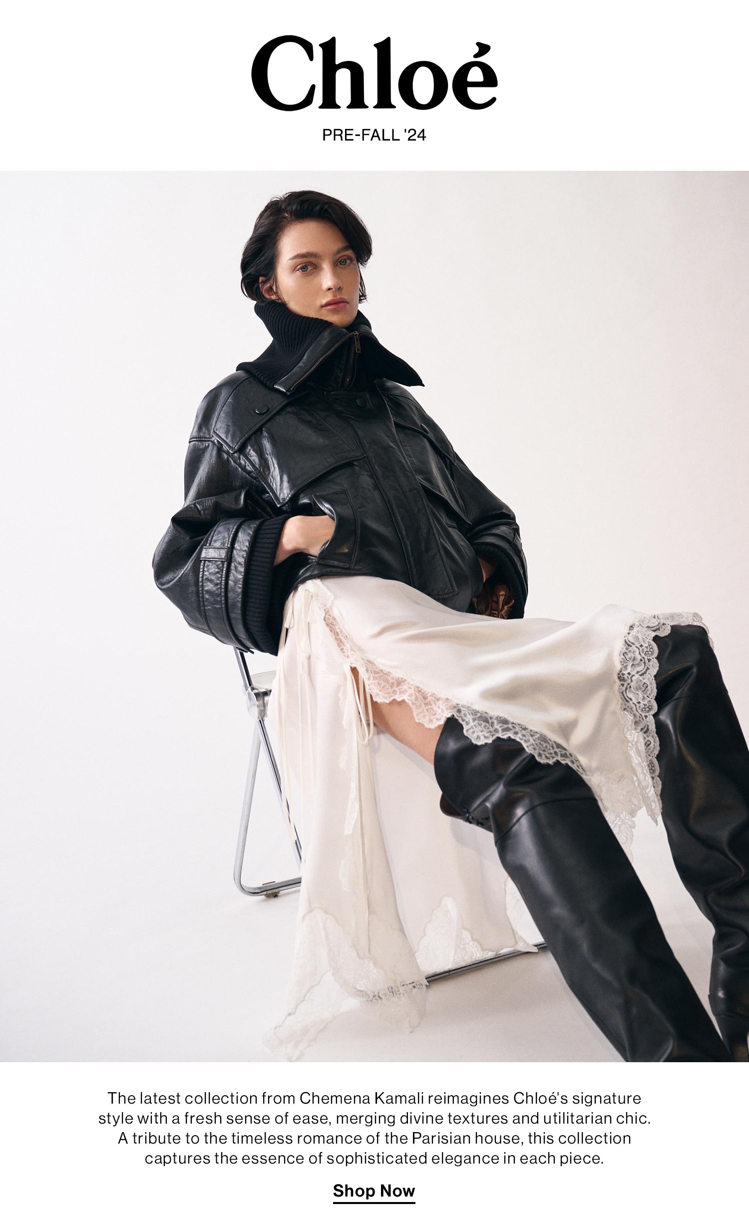 Chloe Pre Fall 24  DEK: The latest collection from Chemena Kamali reimagines Chloe's signature style with a fresh sense of ease, merging divine textures and utilitarian chic. A tribute to the timeless romance of the Parisian house capturing the essence of sophisticated elegance in each piece.  