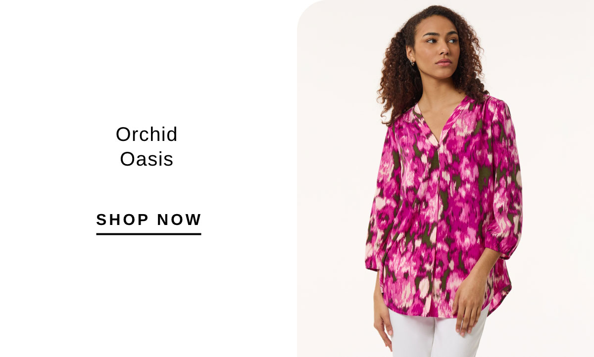 Orchid Oasis | SHOP NOW | Printed V-Neck Pleated Kelly Blouse, Crepe De Chine