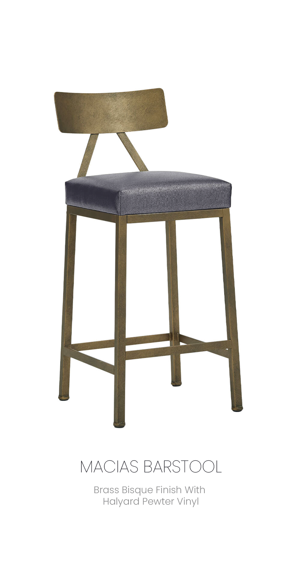 Macias Barstool shown in Brass Bisque Finish with Halyard Pewter Vinyl