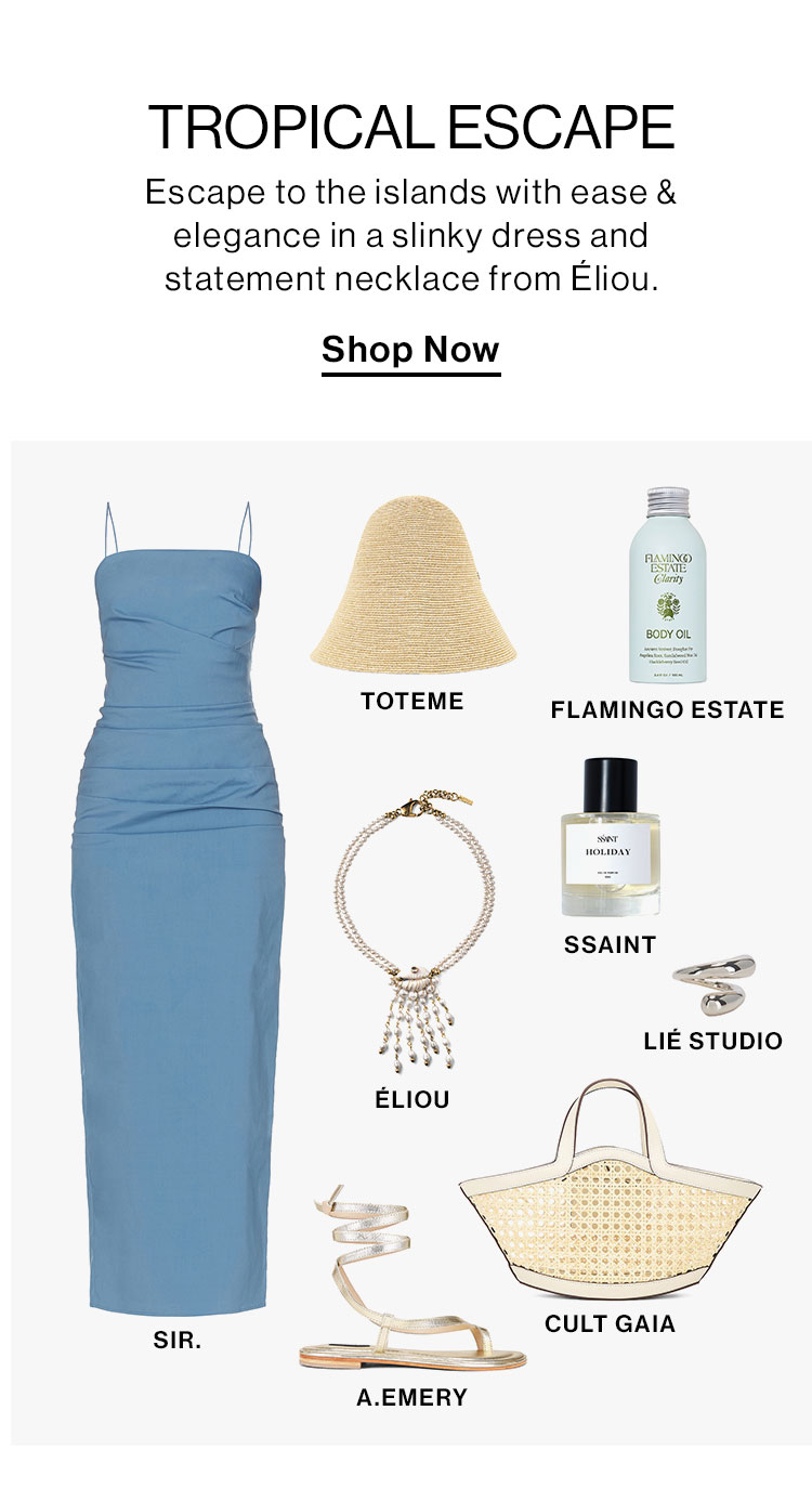 Tropical Escape. Escape to the islands with ease & elegance in a slinky dress and statement necklace from Eliou. Shop Now