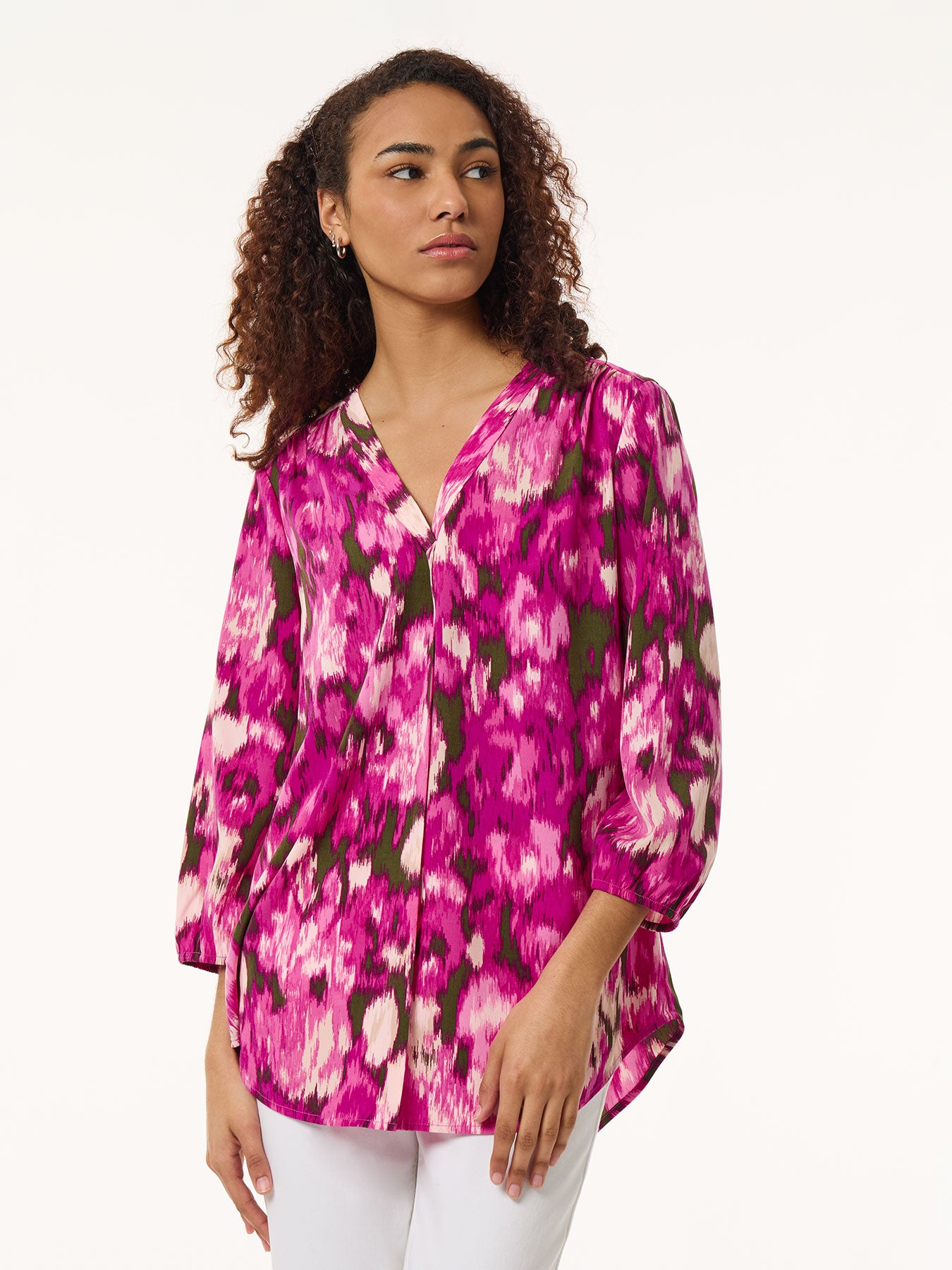 Image of Printed V-Neck Pleated Kelly Blouse, Crepe De Chine