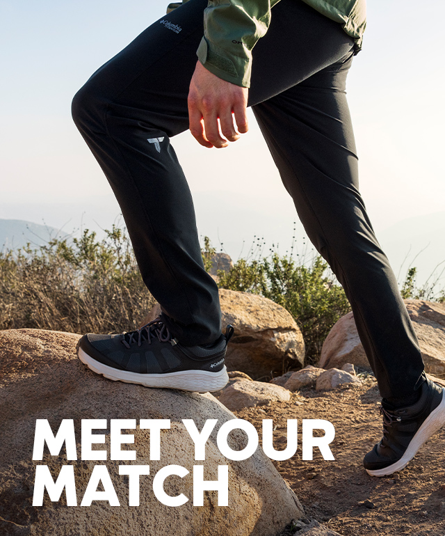 A person on a hike stepping onto a boulder with headline overlayed that says MEET YOUR MATCH.