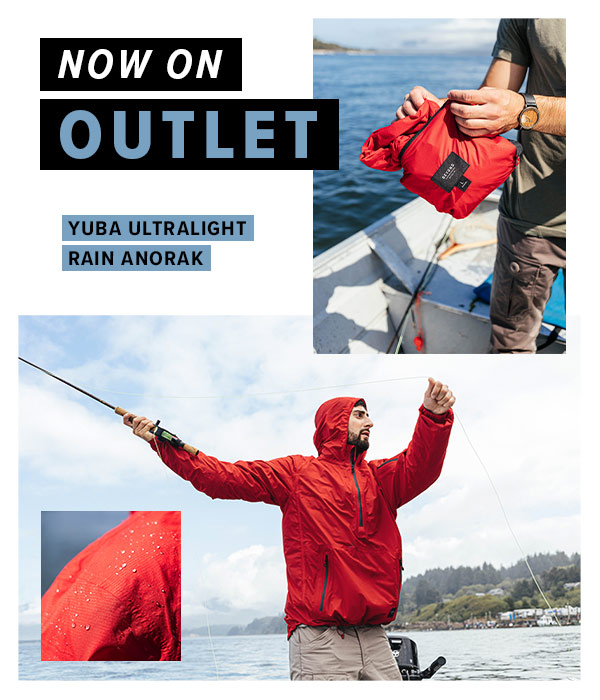 Image collage of a man wearing the Red Yuba Anorak Rain Jacket while fishing. With a text overlay saying "Now on Outlet". Images include fishing, unpacking the jacket and a close up of rain drops on the