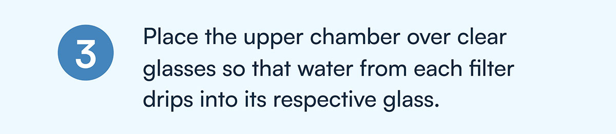 3) Place the upper chamber over clear glasses so that water from each filter drips into its respective glass.