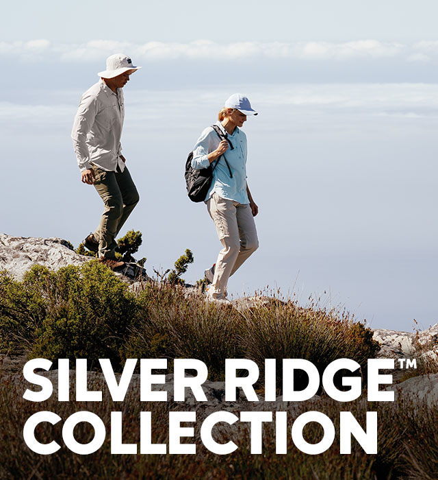 A woman and man on a sunny trail with headline SILVER RIDGE COLLECTION.