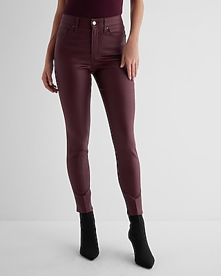 high waisted burgundy coated skinny jeans