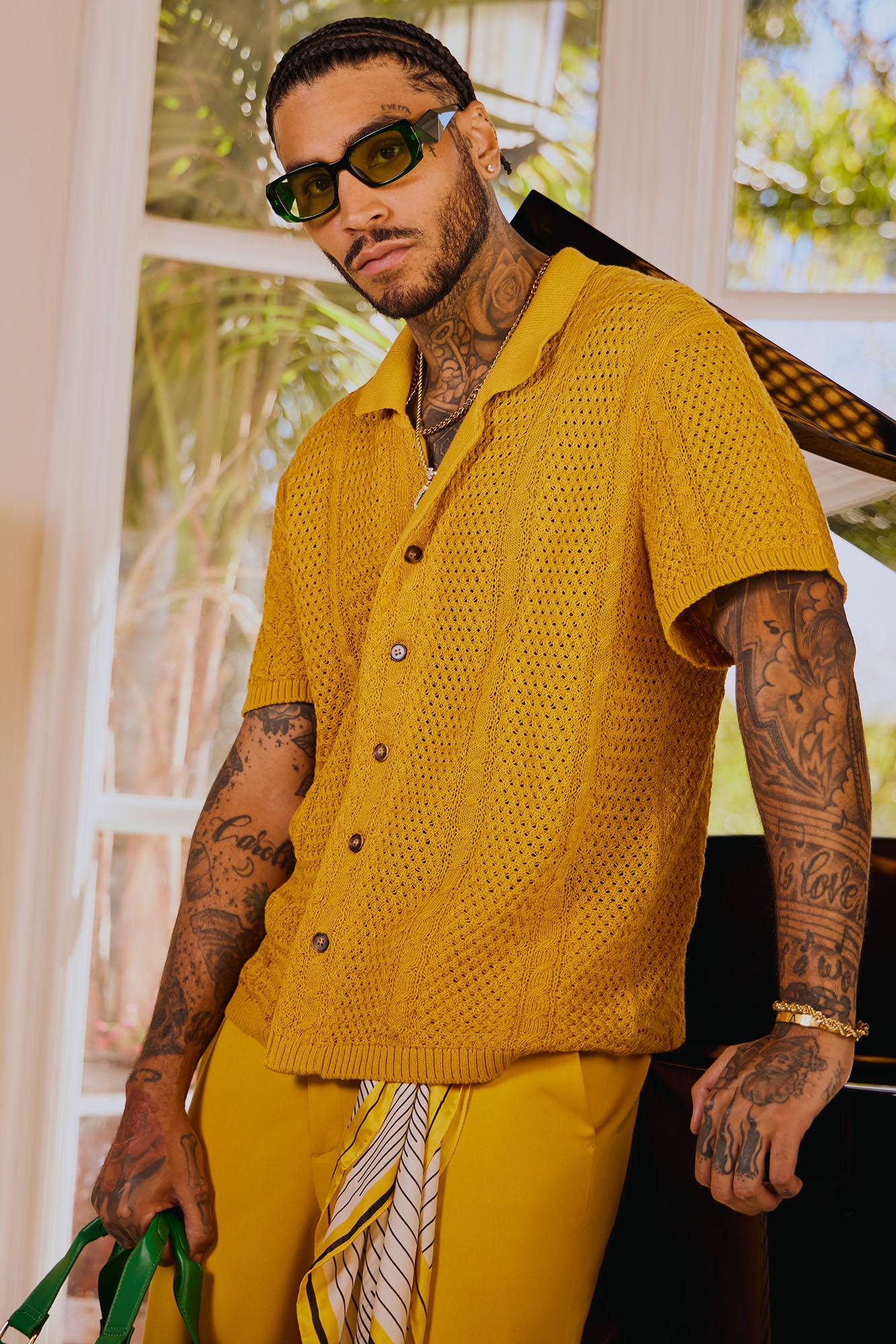 Image of Unwind Cable Knit Short Sleeve Button Up - Mustard