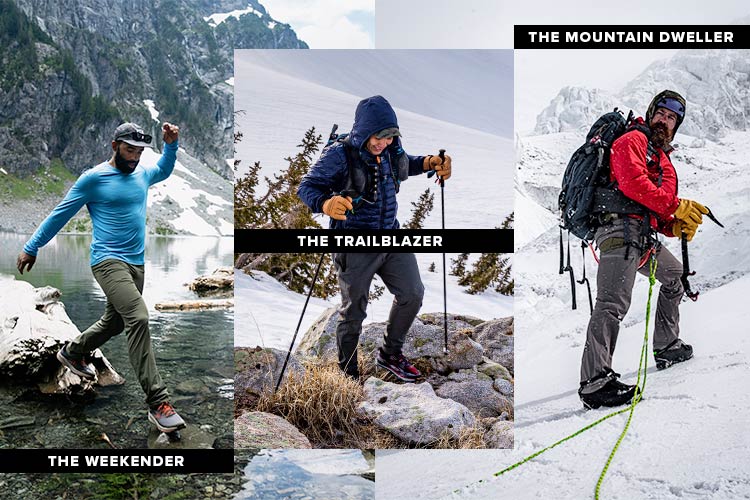 3 Image Collage showing the progression from beginner to expert level outdoorsman. The left most image is a man wearing lightweight clothes hiking on a lake side in the mountains, second image is man wearing backpack and gloves using trekking poles while hiking, the third image is a man with a climbing harness and wearing full winter mountain climbing gear.