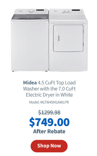 Midea 4.1 Cu. Ft. Top Load Washer with the 7.0 Cu. Ft. Electric Dryer - White