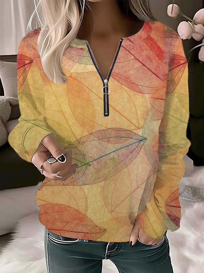 Casual Crew Neck Leaf Sweatshirt