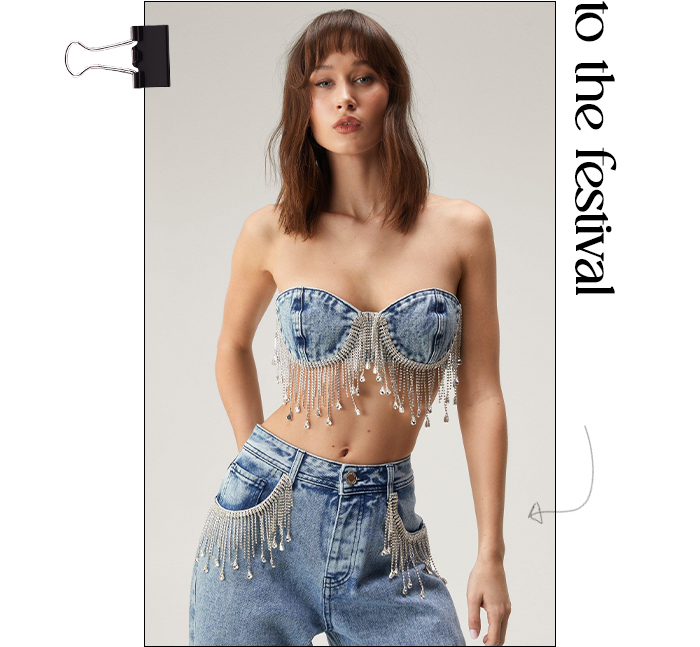 Premium Diamante Trim Strapless Denim Bralette