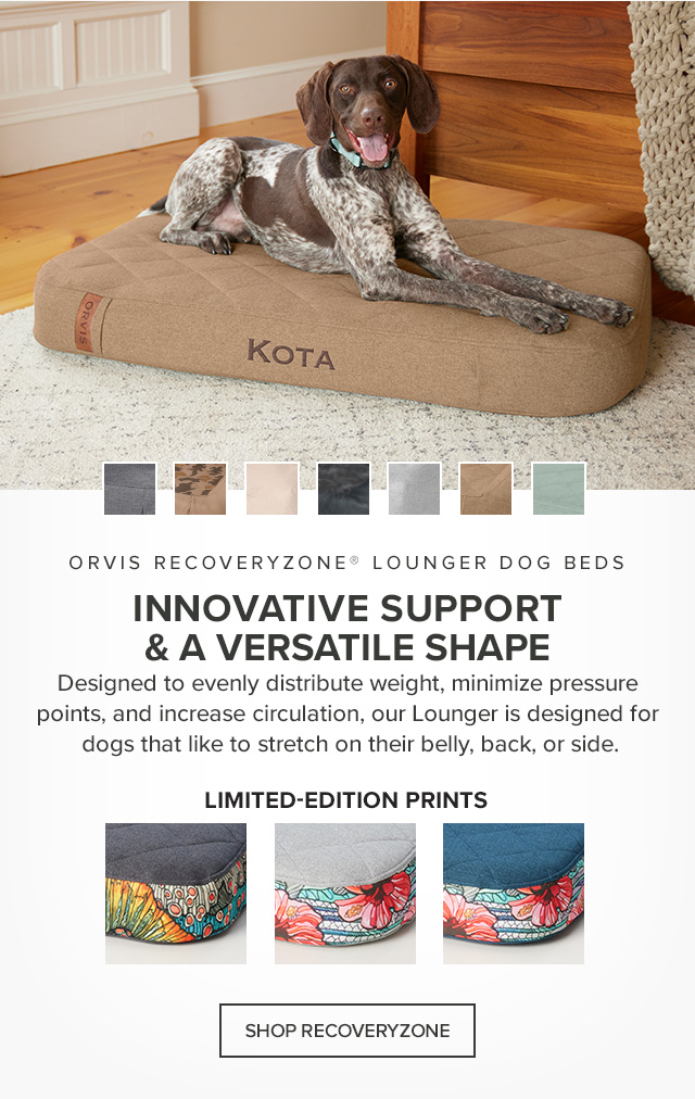 Orvis RecoveryZone® Lounger Dog Beds Innovative Support & a Versatile Shape Designed to evenly distribute weight, minimize pressure points, and increase circulation, our Lounger is designed for dogs that like to stretch on their belly, back, or side.