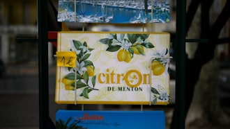 A rack of posters for sale during the 90th edition of the Lemon Festival in Menton, France, March 1, 2024.