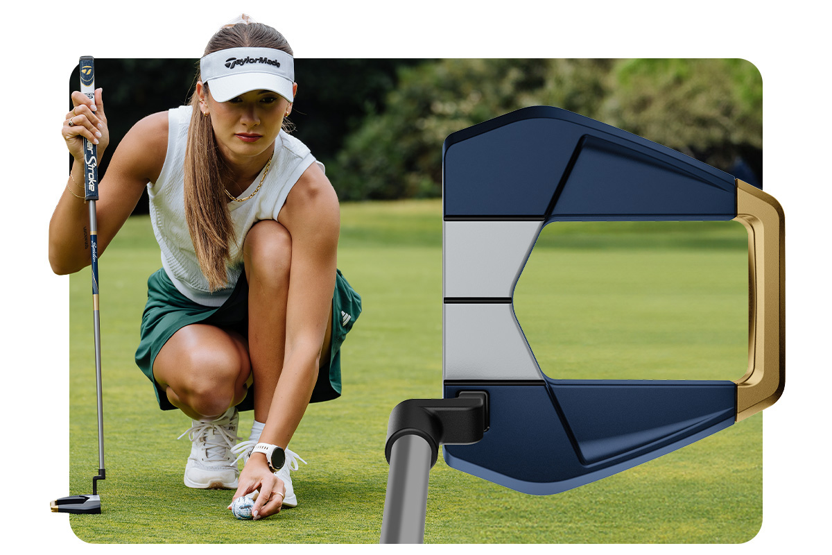 Female golfer lining up a putt with a blue Speedsoft Ink golf ball, holding the Kalea Gold putter on course, with the Kalea Gold putter int he foreground