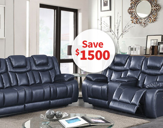 Global Furniture Apex Navy Leather Power Reclining Sofa and Loveseat with Drop Down Table, Console and Power Headrests (1)