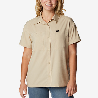 Women's tan short sleeve shirt.