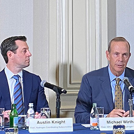 Austin Knight (left), Chevron’s vice president of Hydrogen, and Mike Wirth, Chevron’s Chairman and CEO, discuss the new National Petroleum Council report at an April press conference.