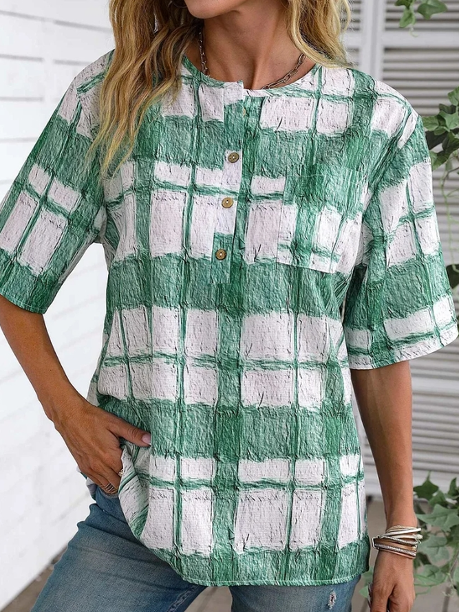 Crew Neck Short Sleeve Plaid Regular Loose Blouse For Women