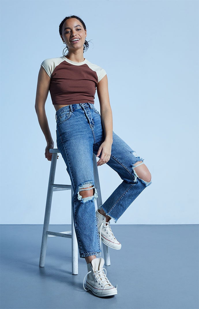 Image: Eco Medium Blue Distressed High Waisted Straight Leg Jeans