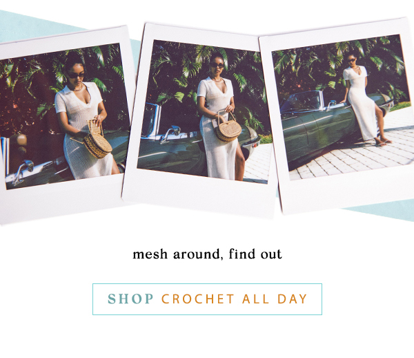 Polaroids of woman in white cover-up dress. Shop crochet.