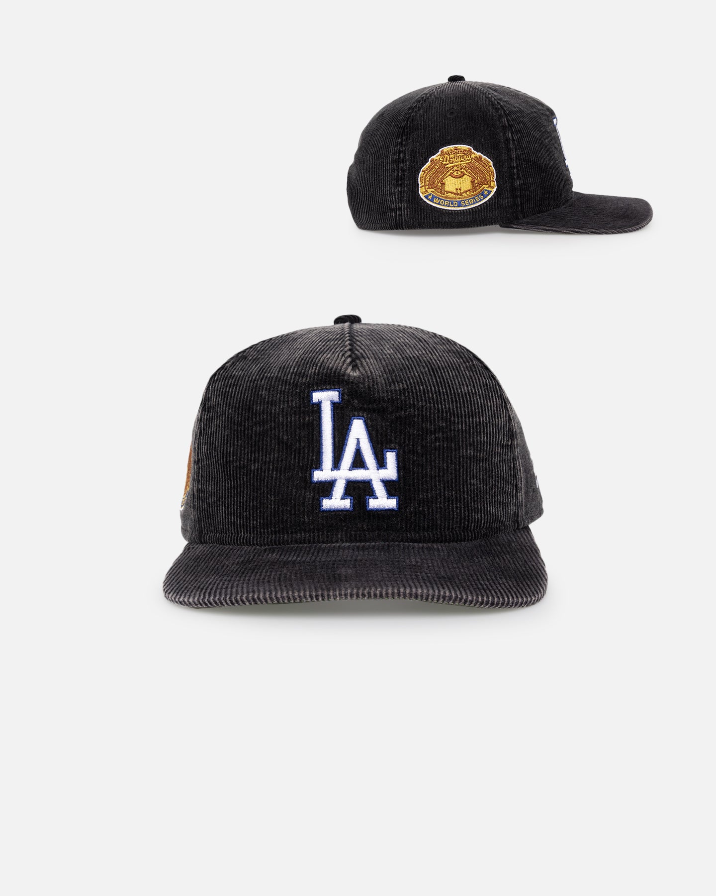 Image of New Era Los Angeles Dodgers 'Washed Corduroy Golfer' Pre-Curved Golfer Snapback Washed Black