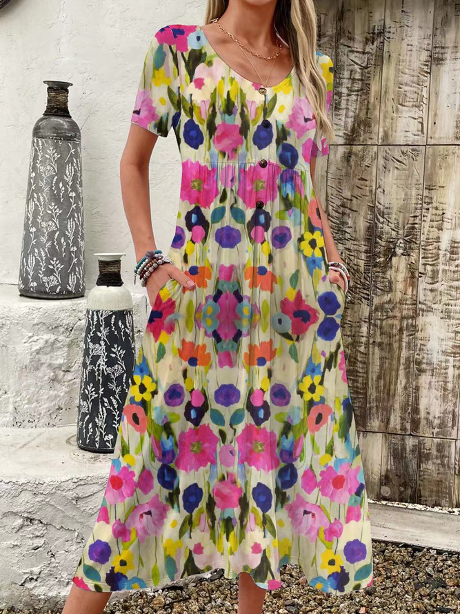 Women Floral V Neck Short Sleeve Comfy Casual Maxi Dress