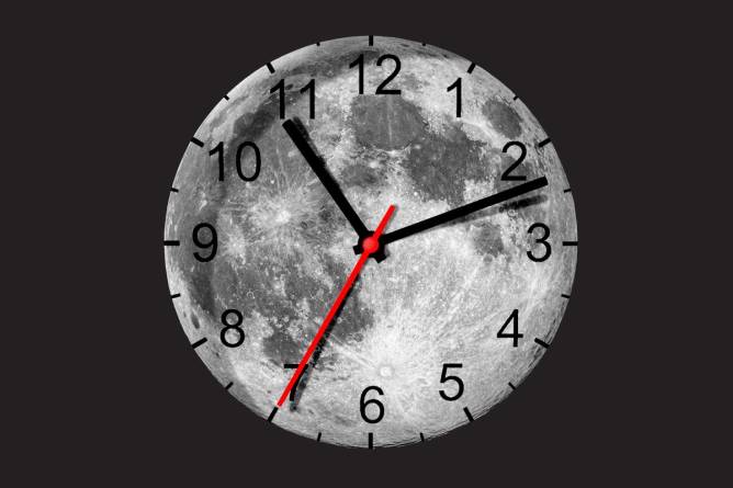 Analog clock over a moon