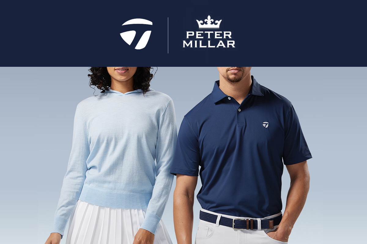 TaylorMade T-Bug Logo next to Peter Millar logo above two models wearing golfing attire on a light blue background