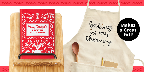 Makes a great gift. Betty Crocker Picture cookbook, recipe stand and Baking is my therapy apron.