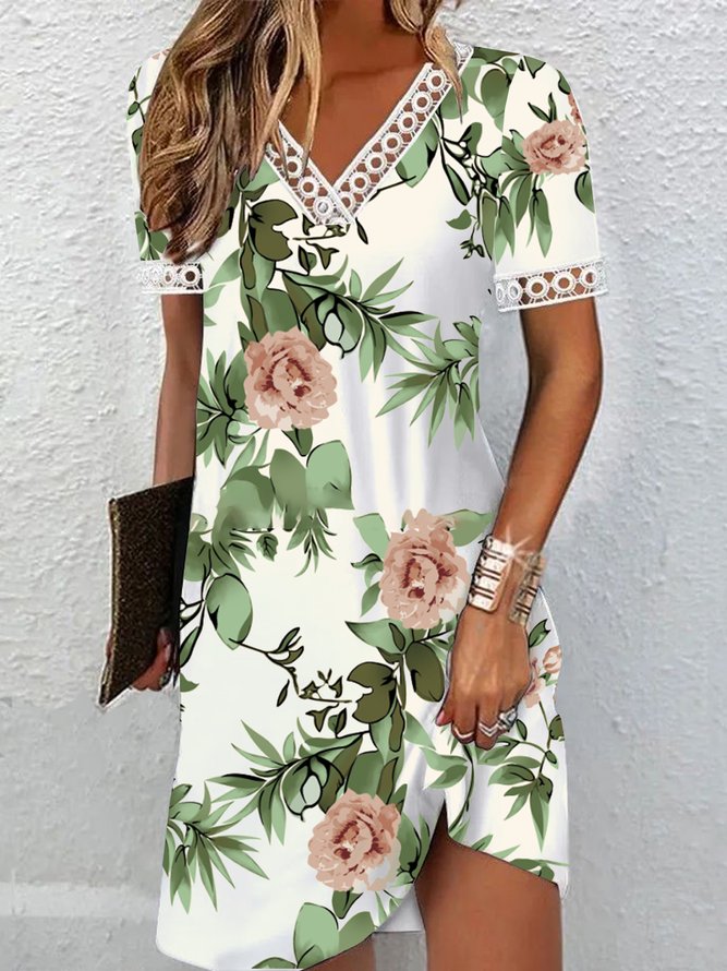 Women Floral V Neck Short Sleeve Comfy Casual Short Dress