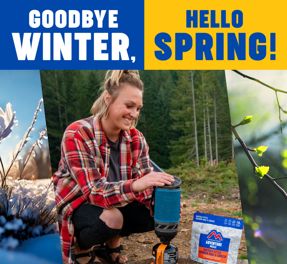 Goodbye Winter, Hello Spring! Graphic Woman heating water for a Mountain House Meal