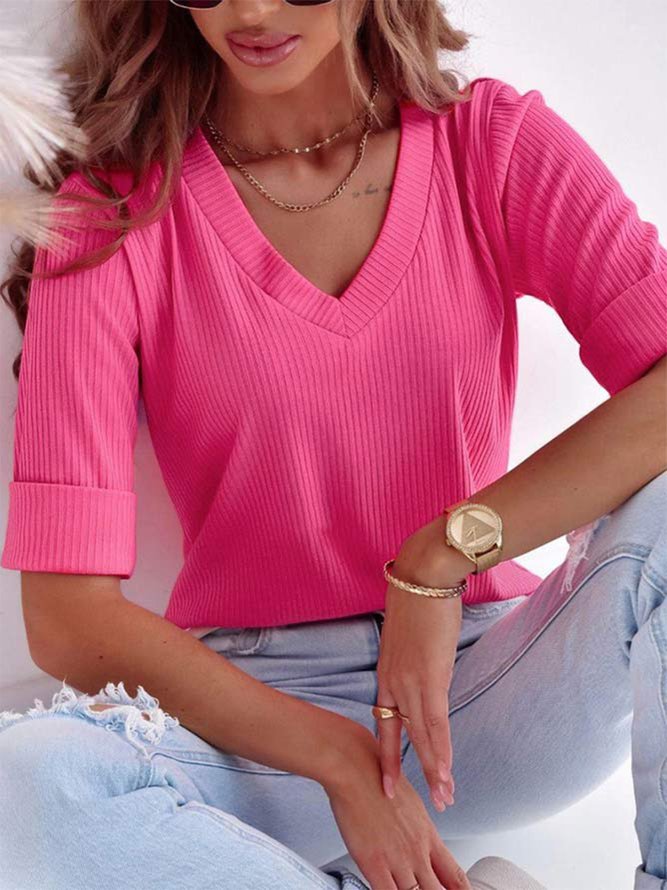 Women's Casual Pink Plain V Neck Half Sleeve Soft Comfy T-shirt