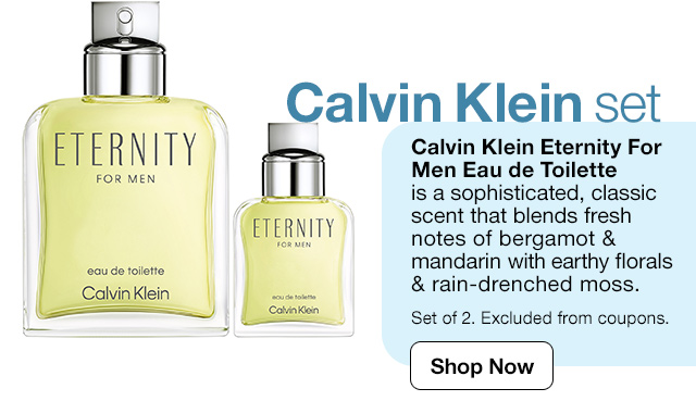 Calvin Klein Eternity For Men Eau de Toilette is a sophisticated, classic scent that blends fresh notes of bergamot & mandarin with earthy florals & rain-drenched moss. Set of 2. Excluded from coupons. Shop Now.