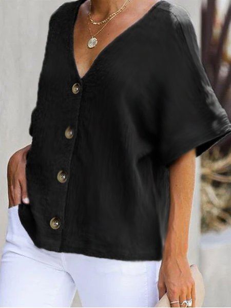 V Neck Solid Casual Blouse & Shirts