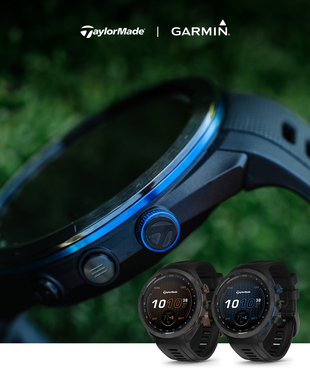 TaylorMade | Garmin S70 Approach Smartwatch shown on a black background with 3 different watch faces- one with a golf course, one with the time and one with drive accuracy