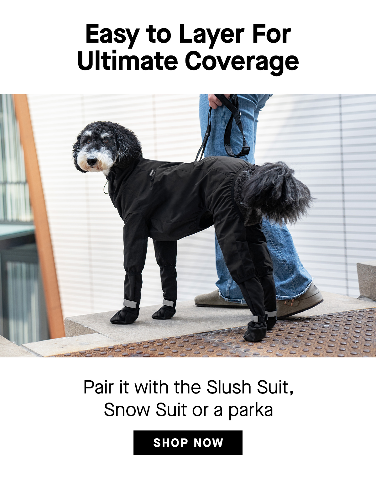 Dog wearing the black Slush Suit and the Suspender Boots - Easy to Layer for Ultimate Coverage, Pair it with the Slush Suit, Snow Suit or a parka