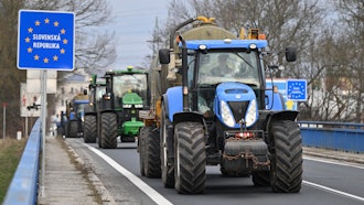 Czech farmers in tractors make their way to the Hodonín/Holí&ccaron;, Czech-Slovakia border crossing, Feb. 22, 2024.