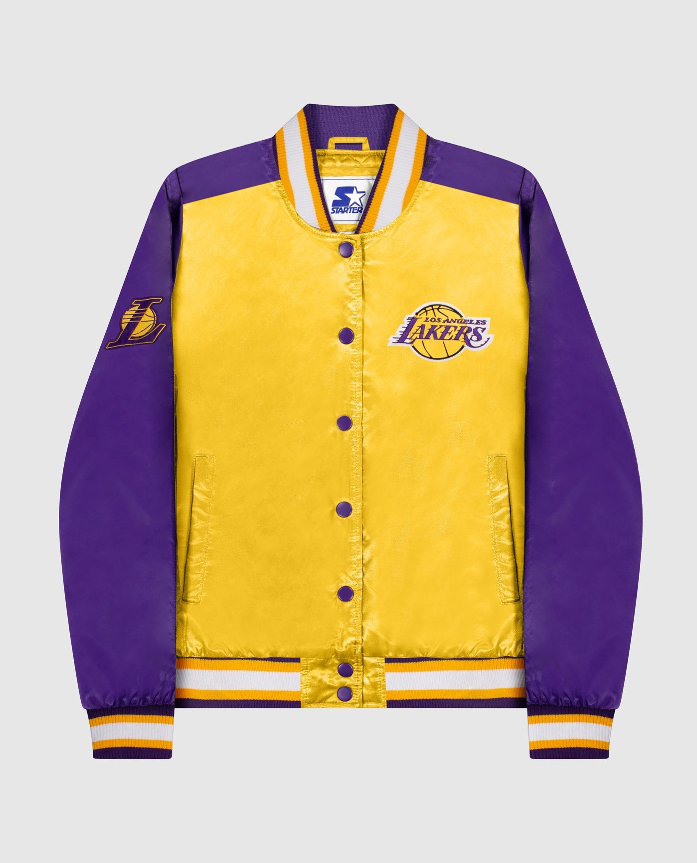 Image of Women's Los Angeles Lakers Varsity Satin Full-Snap Jacket