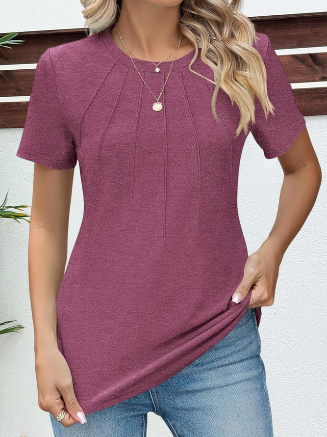 Crew Neck Short Sleeve Plain Regular Micro-Elasticity Loose Shirt For Women