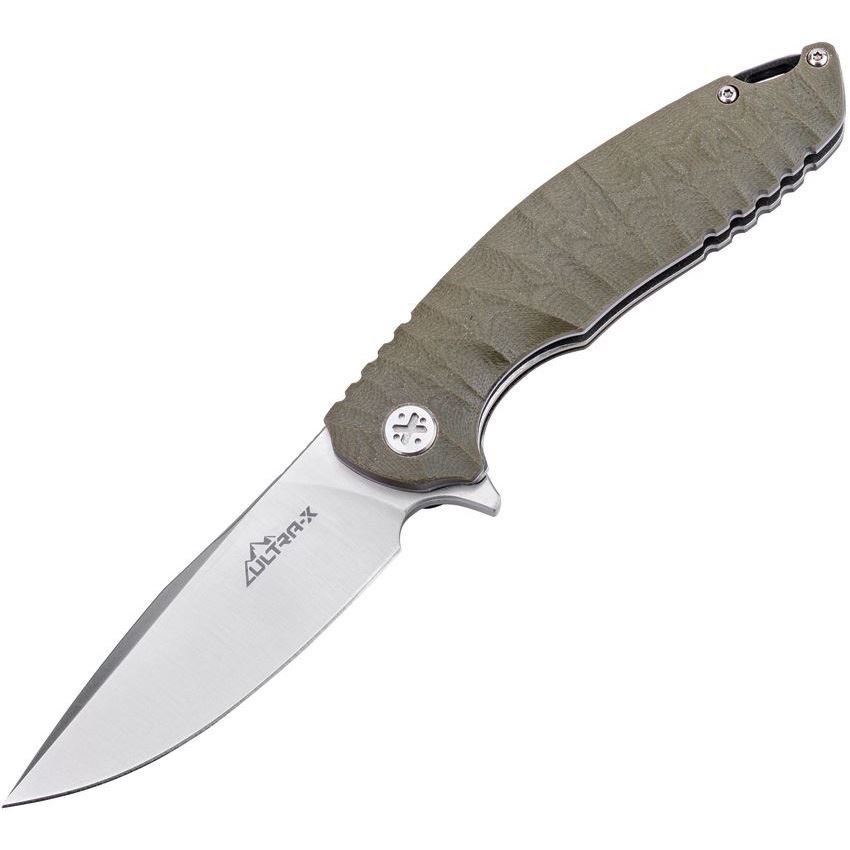 Ultra-X 214G RIPPLE D2 Olive Satin Fixed Blade Knife OD Green Handles