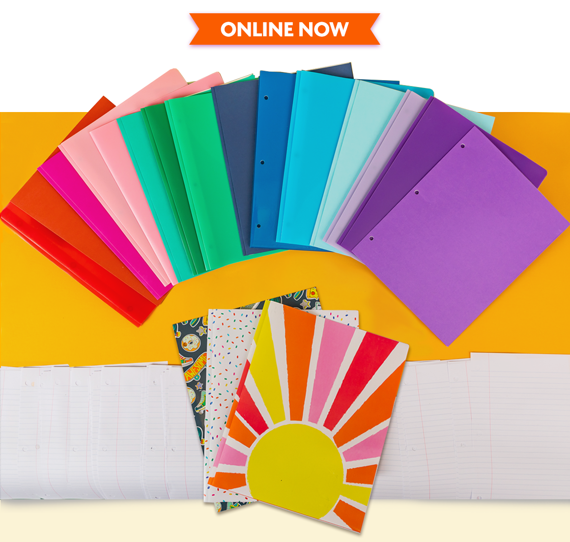 Assortment of colorful folders and notebook paper