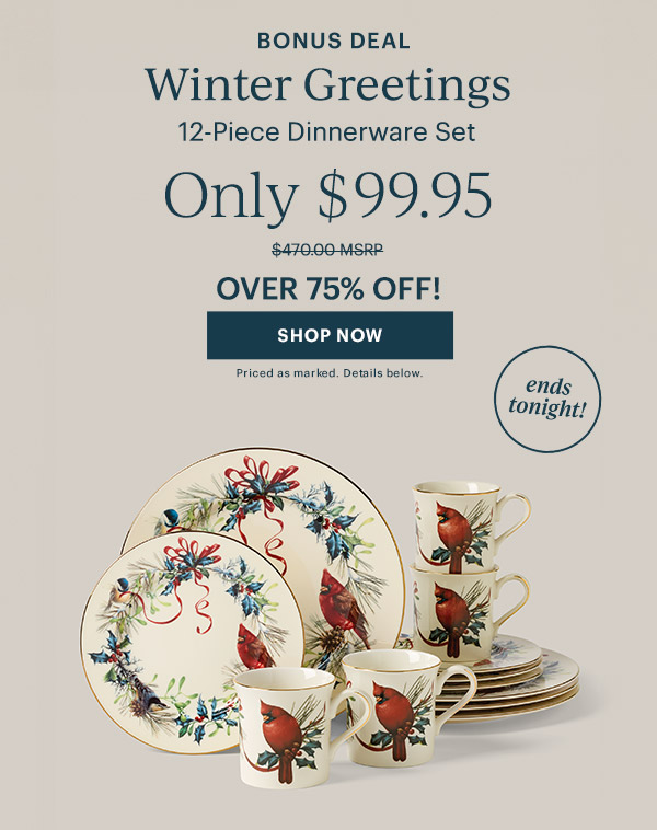 BONUS DEAL  Winter Greetings  12-Piece Dinnerware Set  Only $99.95  OVER 75% OFF!  [SHOP NOW] Priced as marked. Details below.  ends tonight!