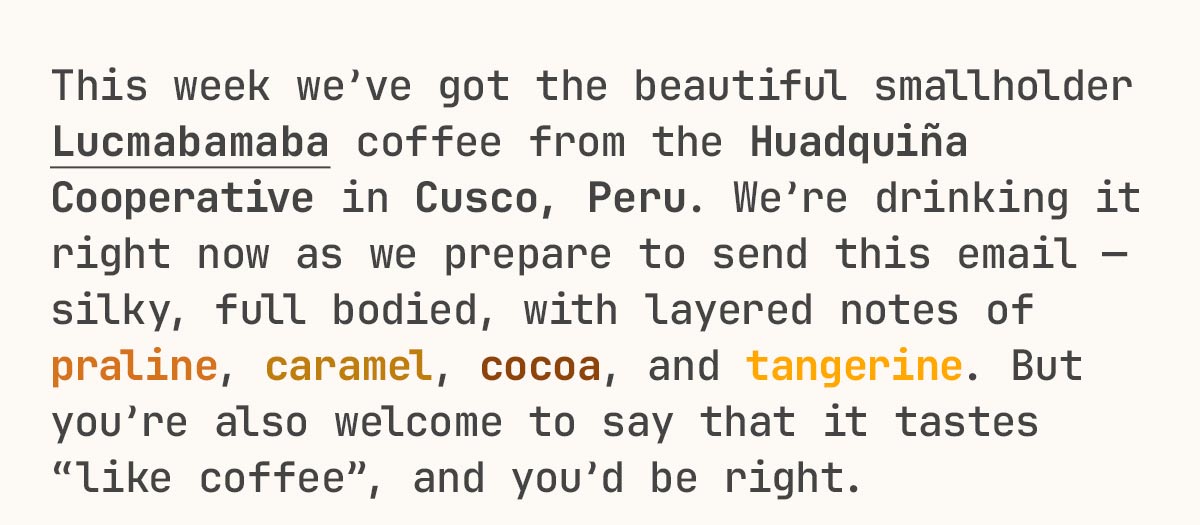 This week we’ve got a beautiful smallholder Lucmabamaba coffee from the Huadquiña Cooperative in Cusco, Peru. We’re drinking this one right now as we prepare to send this email—a silky full body with layered notes of praline, caramel, cocoa, and tangerine. But you’re also welcome to say that it tastes “like coffee”, and you’d be right.