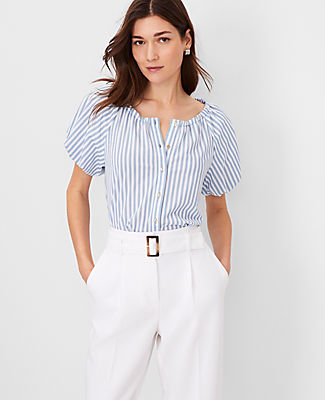 Striped Bubble Sleeve Button Top